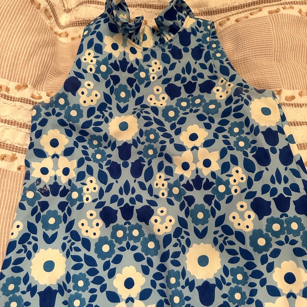 Blue floral sleeveless, knee length dress. Tie back neck, Size Small